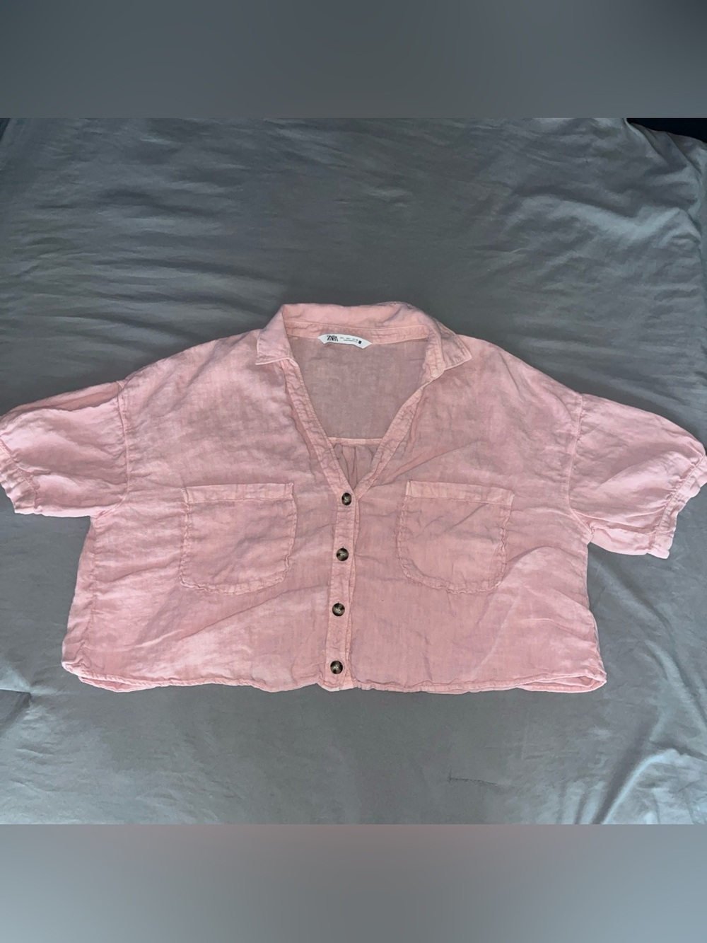 Zara Light Pink Cropped Linen Button-Front Top